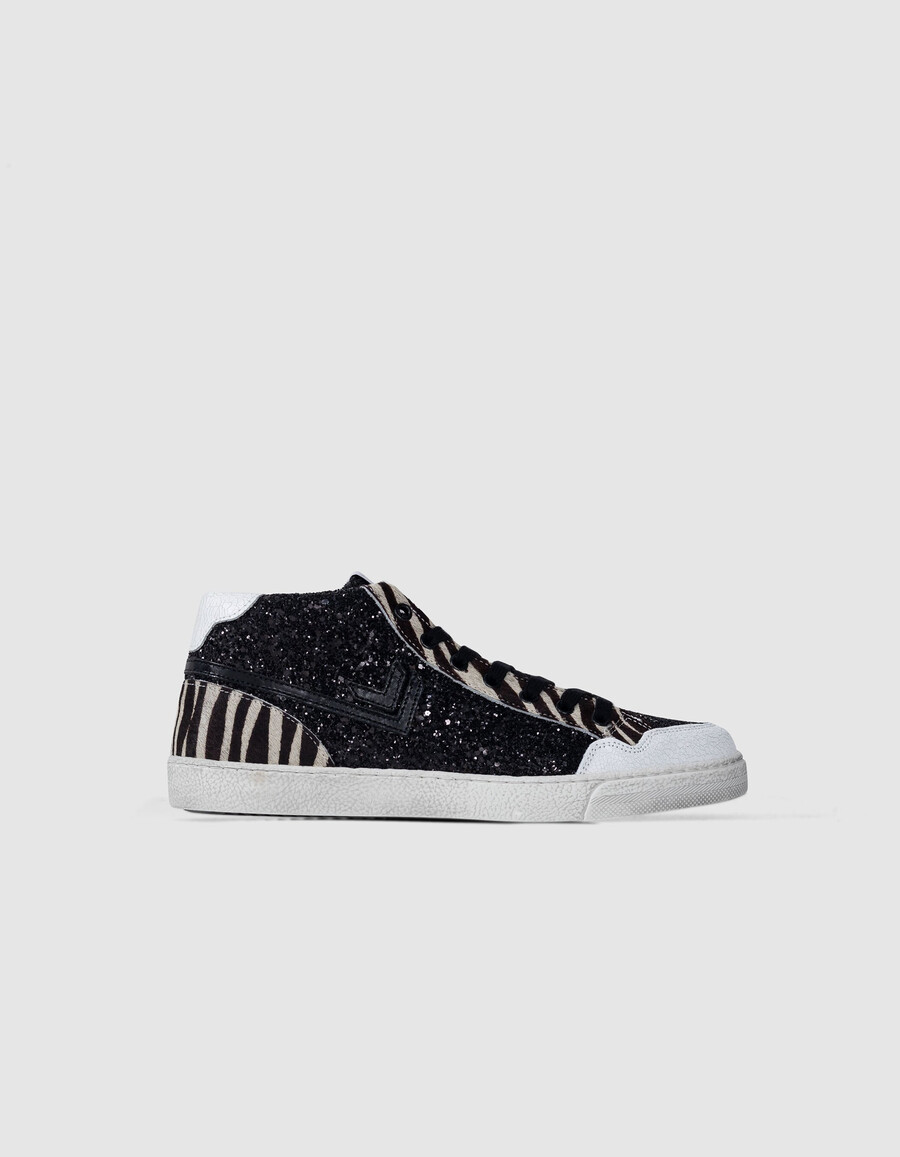 zapatillas negras de cebra con microlentejuelas y piel para mujer