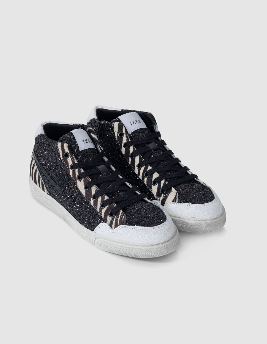 zapatillas negras de cebra con microlentejuelas y piel para mujer