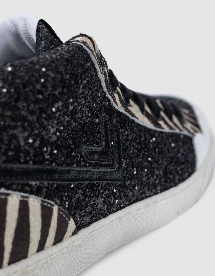 zapatillas negras de cebra con microlentejuelas y piel para mujer