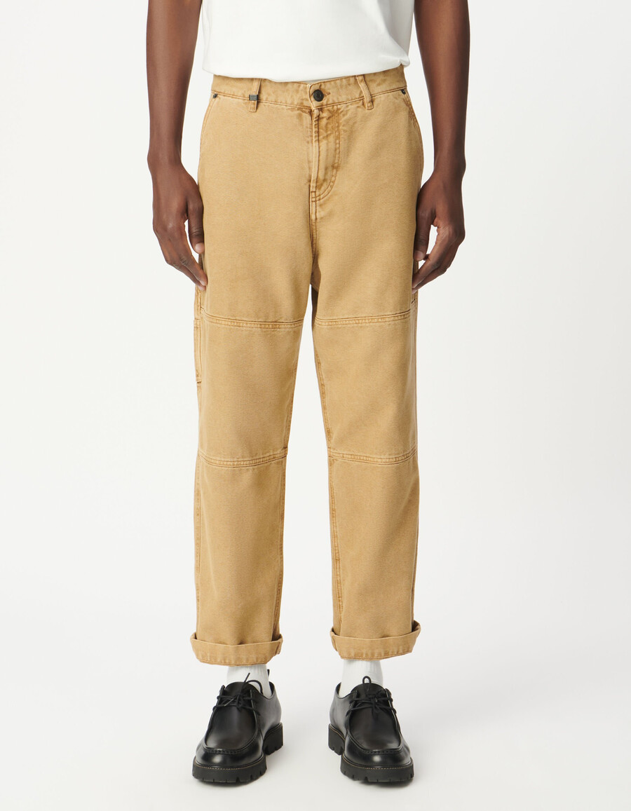 pantalones de carpintero de lona beige para hombre