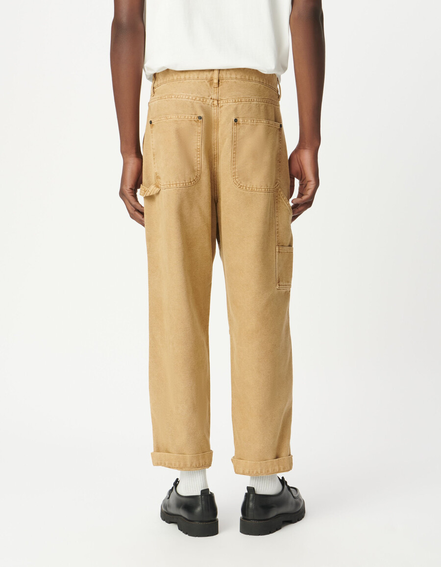 pantalones de carpintero de lona beige para hombre