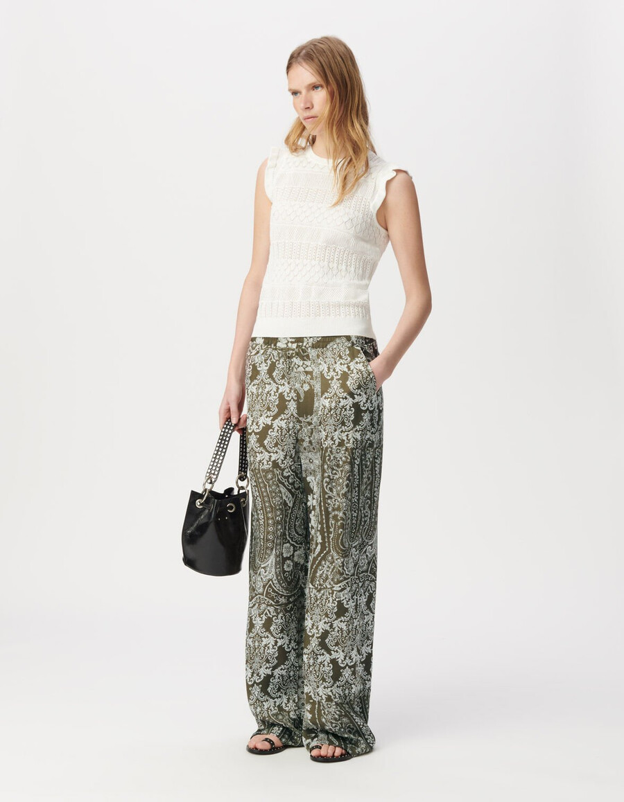 pantalones anchos color caqui con estampado de bufanda para mujer