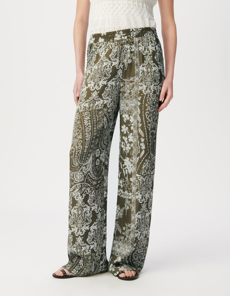 pantalones anchos color caqui con estampado de bufanda para mujer