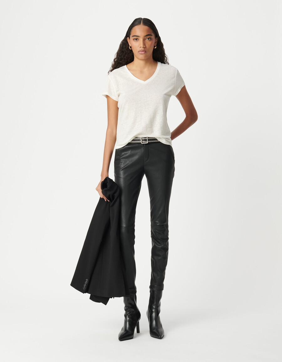 pantalones de motociclista ajustados de cuero negro para mujer