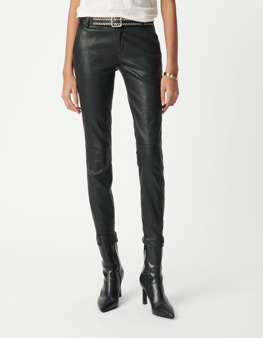 pantalones de motociclista ajustados de cuero negro para mujer